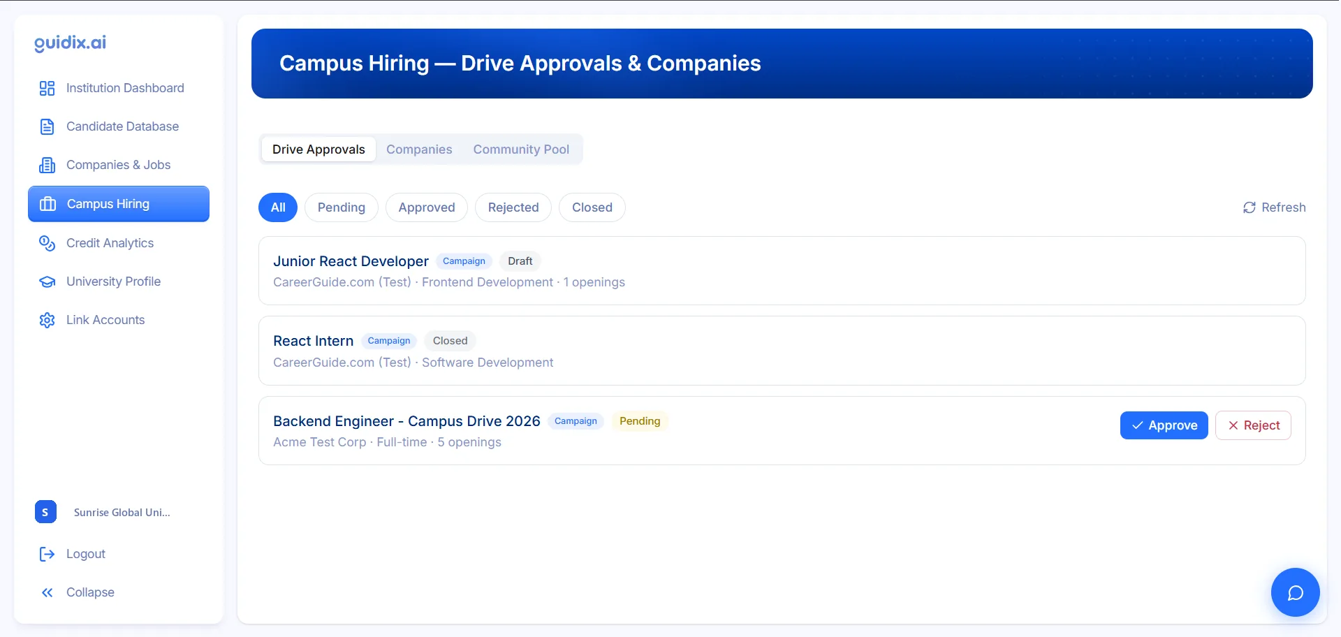 Guidix.ai campus hiring board showing drive approvals and hiring campaigns