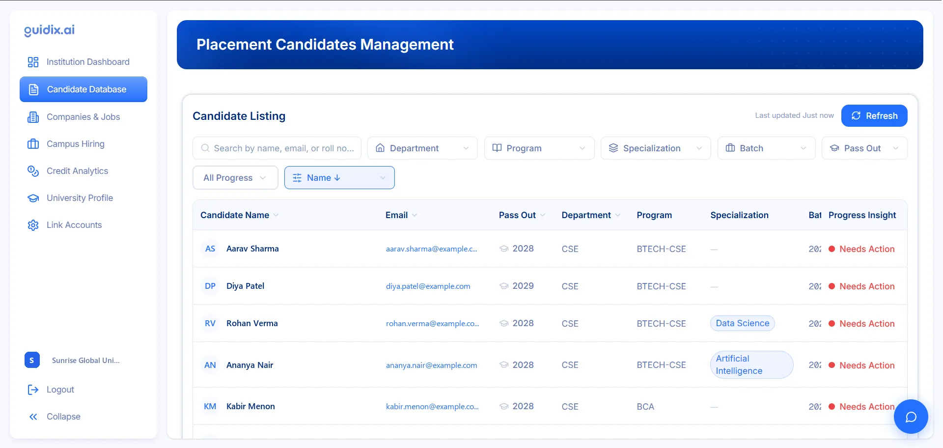 Guidix.ai candidate database with department, program and batch filters