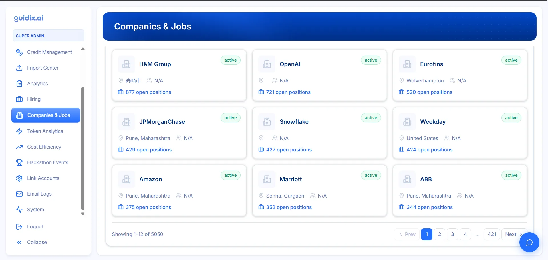 Guidix.ai company directory listing employers and their open positions