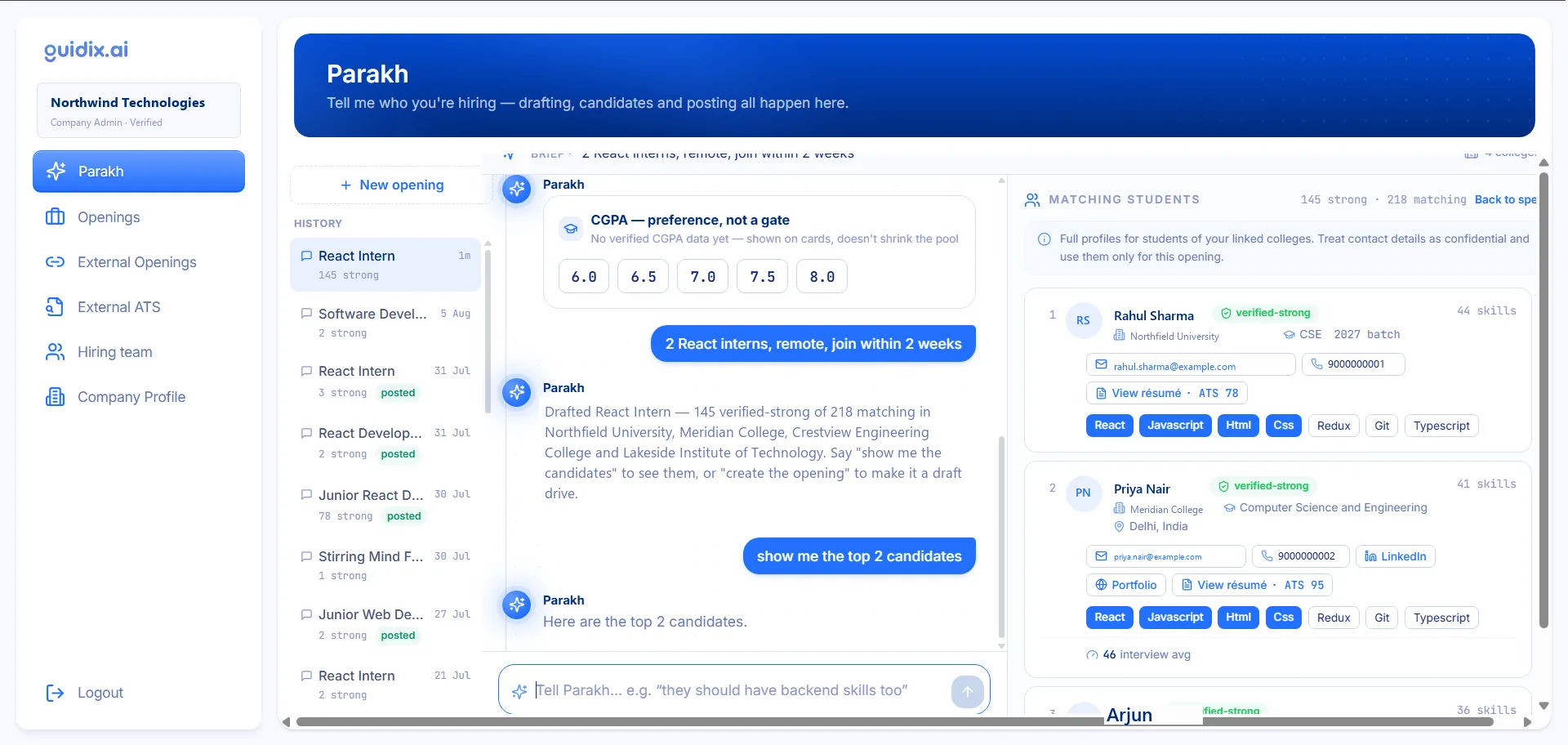 Guidix.ai candidate intelligence panel ranking matched students by skills and scores