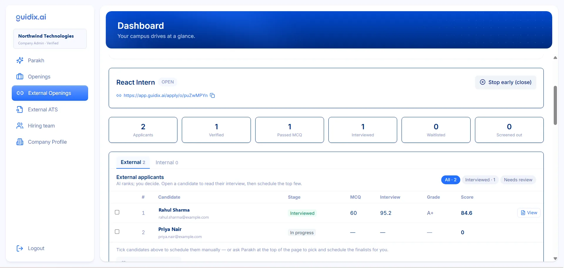 Guidix.ai external hiring dashboard with a public apply link and applicant pipeline
