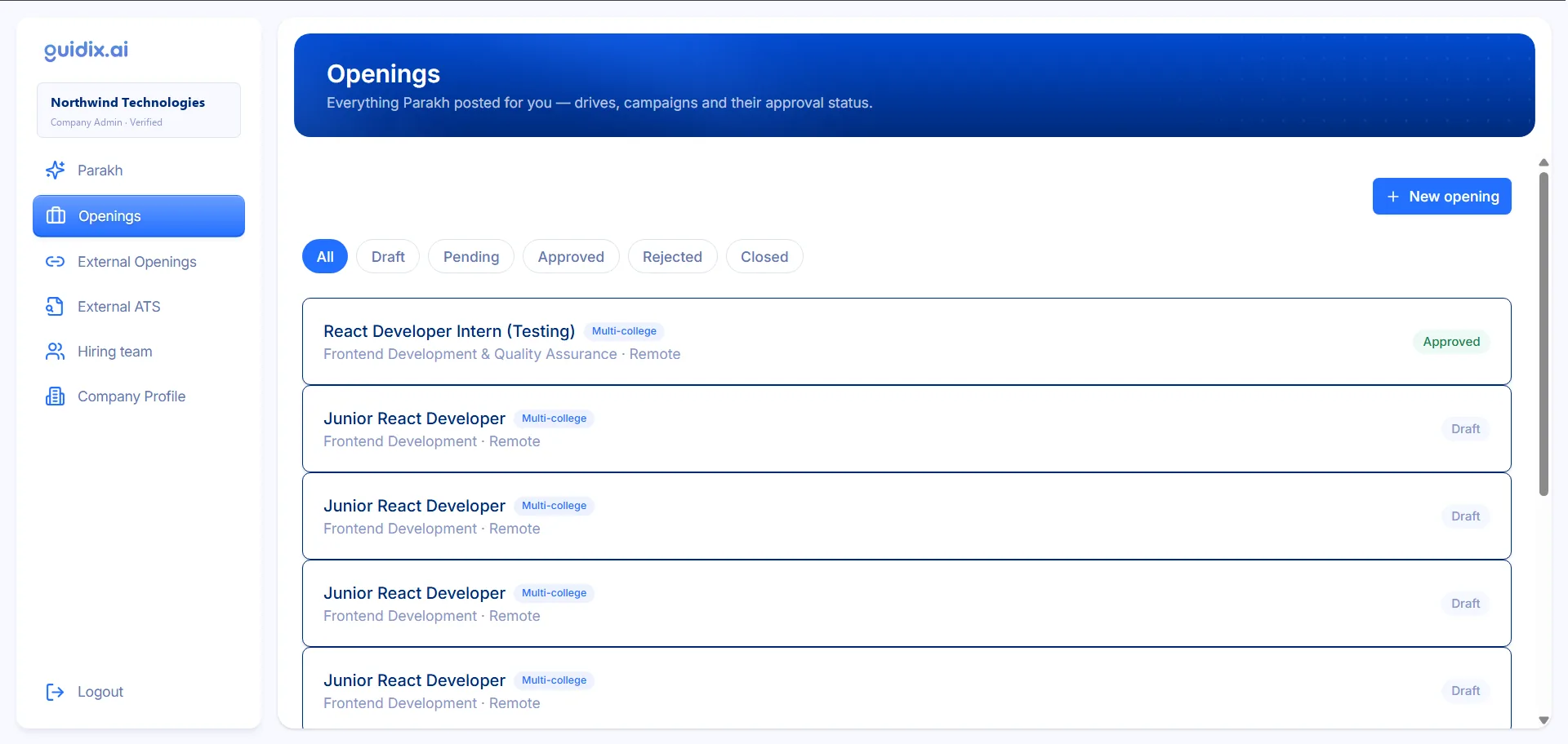 Guidix.ai openings board showing drives and campaigns with their approval status