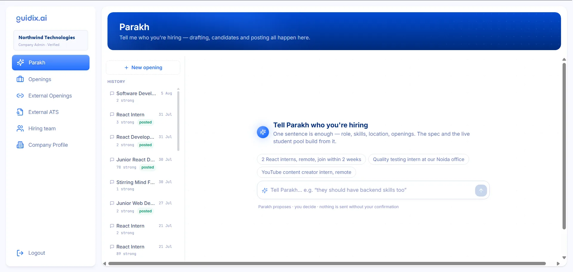 Parakh, the Guidix.ai hiring assistant, drafting a role from a plain-language brief
