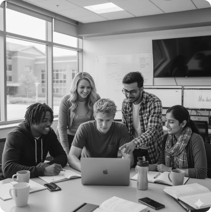Students reviewing placement opportunities together on campus